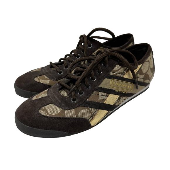 Coach Sneakers Women's Size 8.5 Yolanda lace Up Brown Monogram Gold - Picture 2 of 6